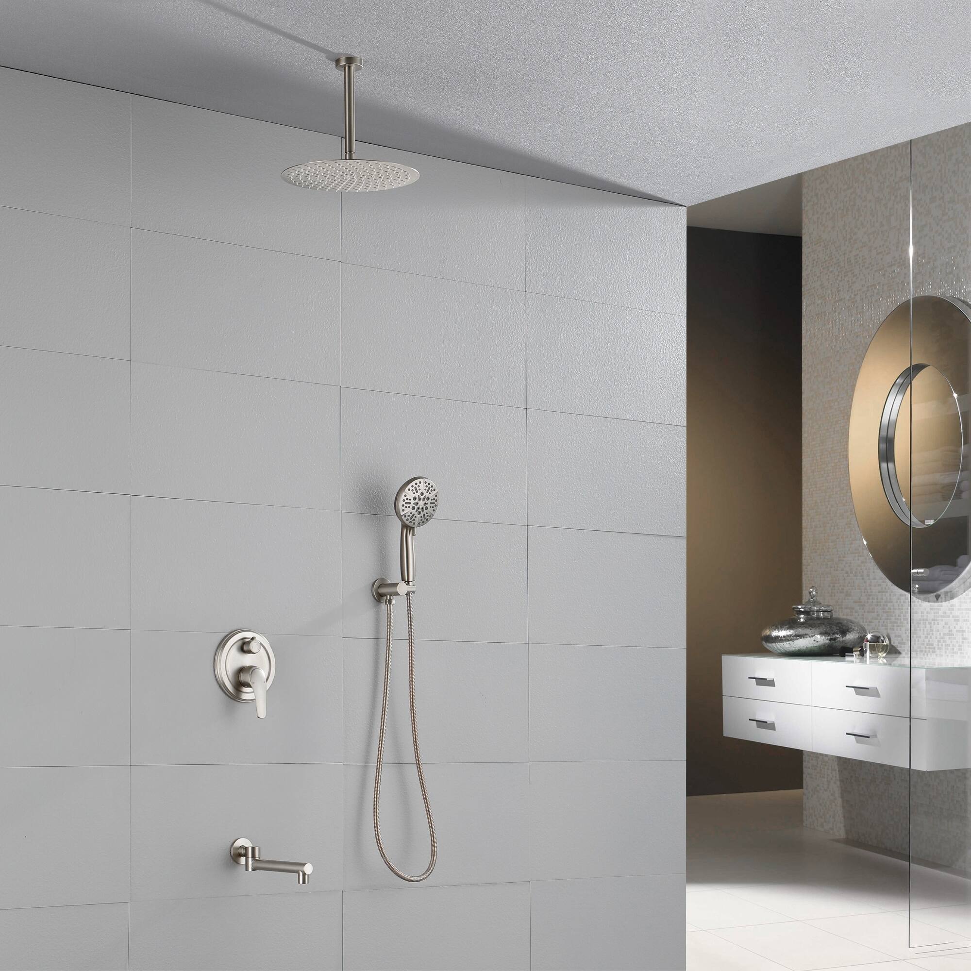 Alt View 1. Boyel Living - Brushed Nickel 12-Inch Rain Shower System Brass SUS304 3-Function Valve 7-Function Handheld 180° Spout cUPC - Brushed Nickel.