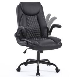 HTUTWOO - Ergonomic PU Leather Office Chair,with Flip-Up Armrests & Lumbar Support,Swivel Desk Chair for Home Office/Gaming Room - Black