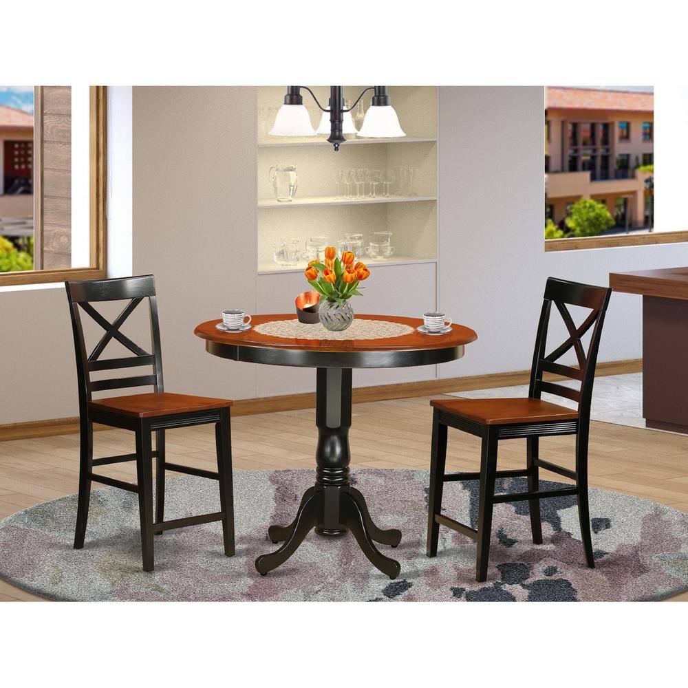 Back. East West Furniture - 3 Pc counter height pub set-pub Table and 2 bar stools with backs - Black & Cherry.