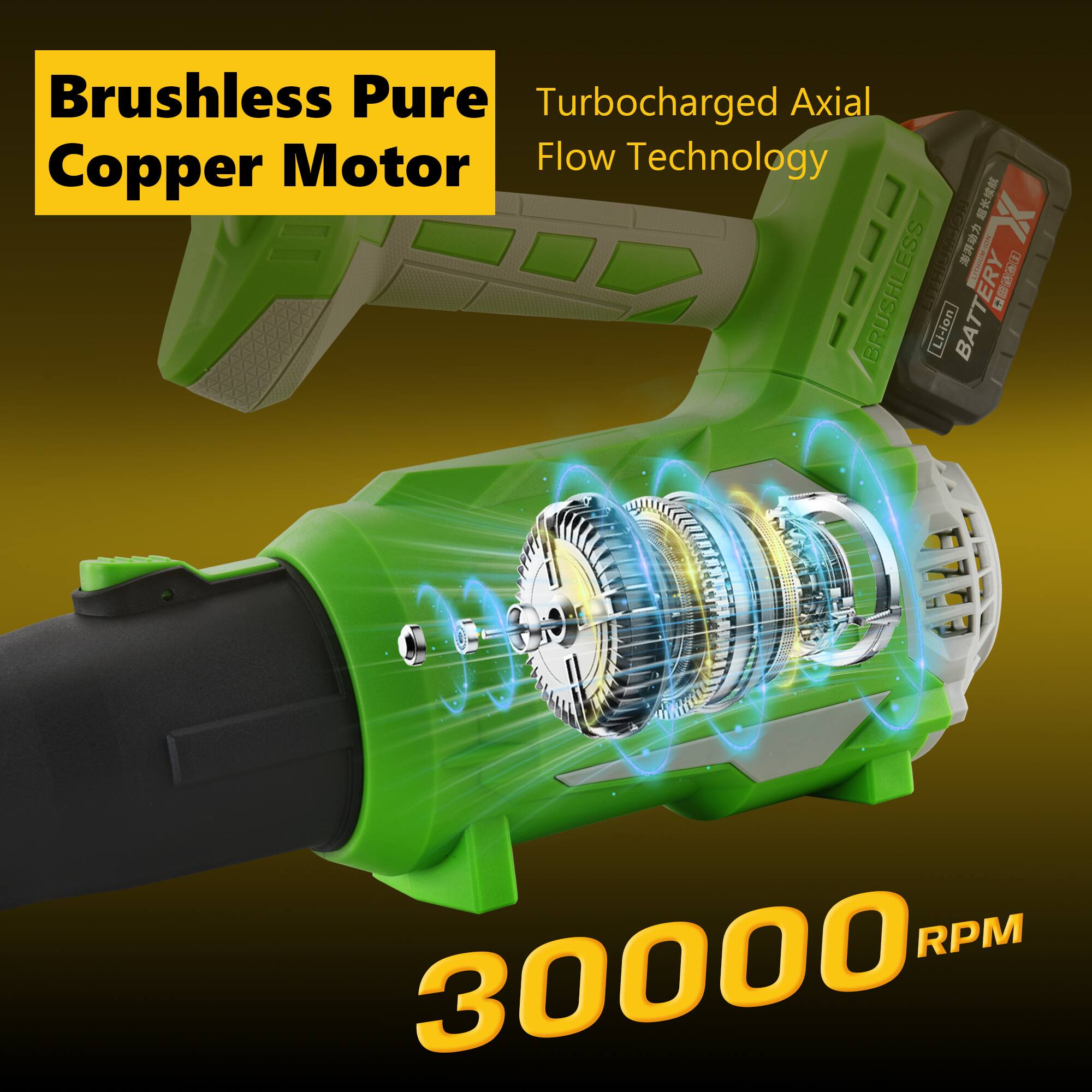 Brushless Pure Copper Motor  
Turbocharged Axial Flow Technology  
30000 RPM