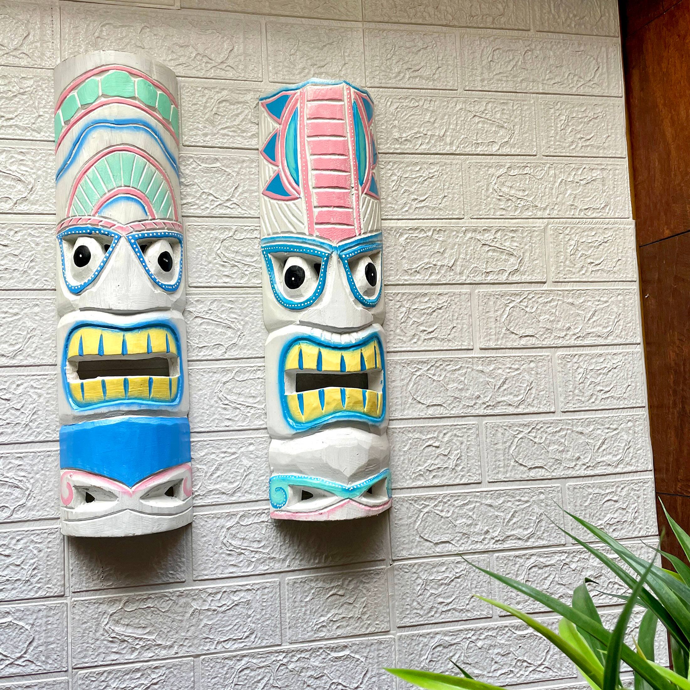 Alt View 3. Chesapeake Bay - Set of 2 - 20" Pastel Pink & Blue Tiki Masks Wood Wall Decor Indoor/Outdoor - White.