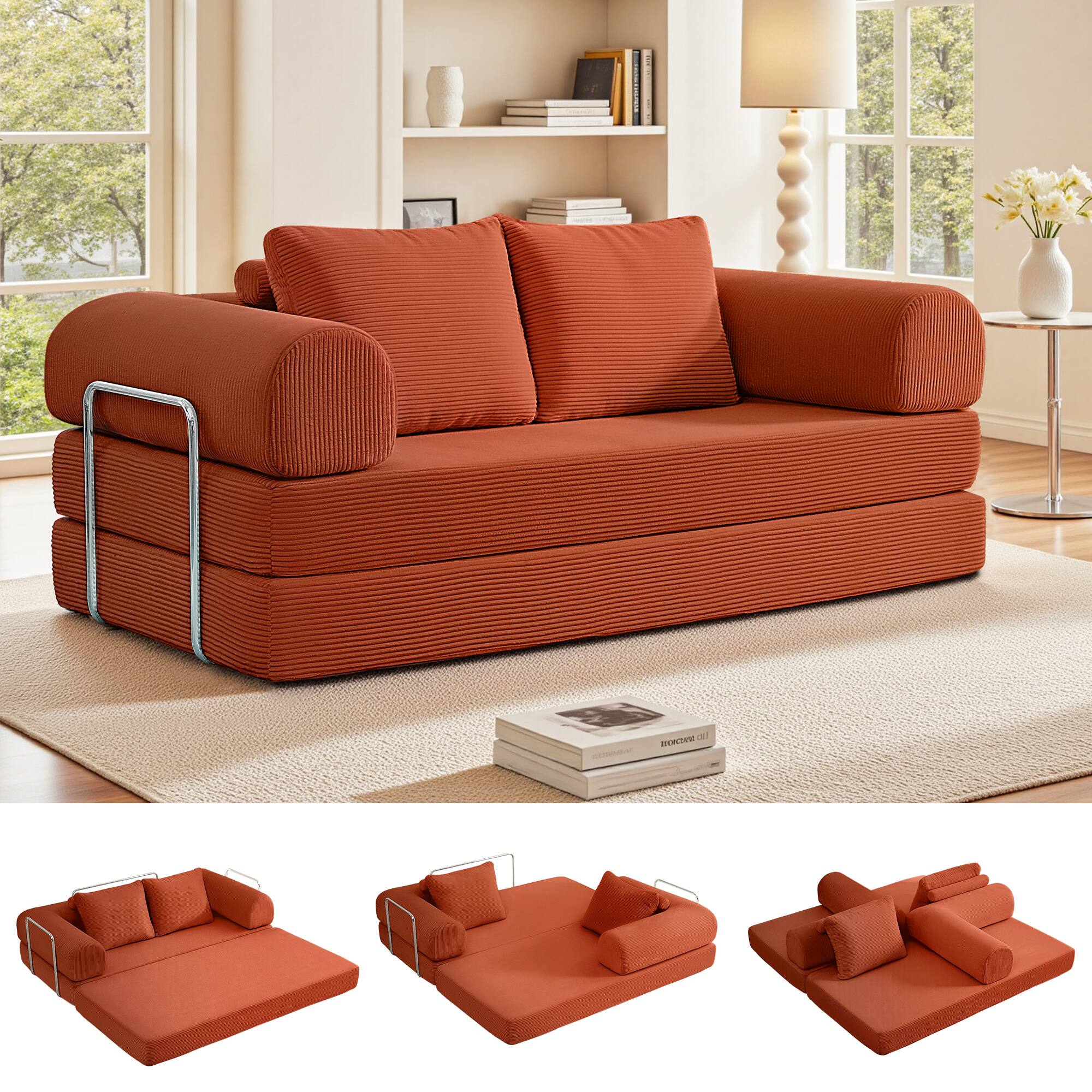 Alt View 4. KERDOM - 3-4 Person Sectional Sofa 78'' W, Foldable Modular Corduroy Combination Couch Bed for Apartment, No Assembly Required - Reddish Brown.