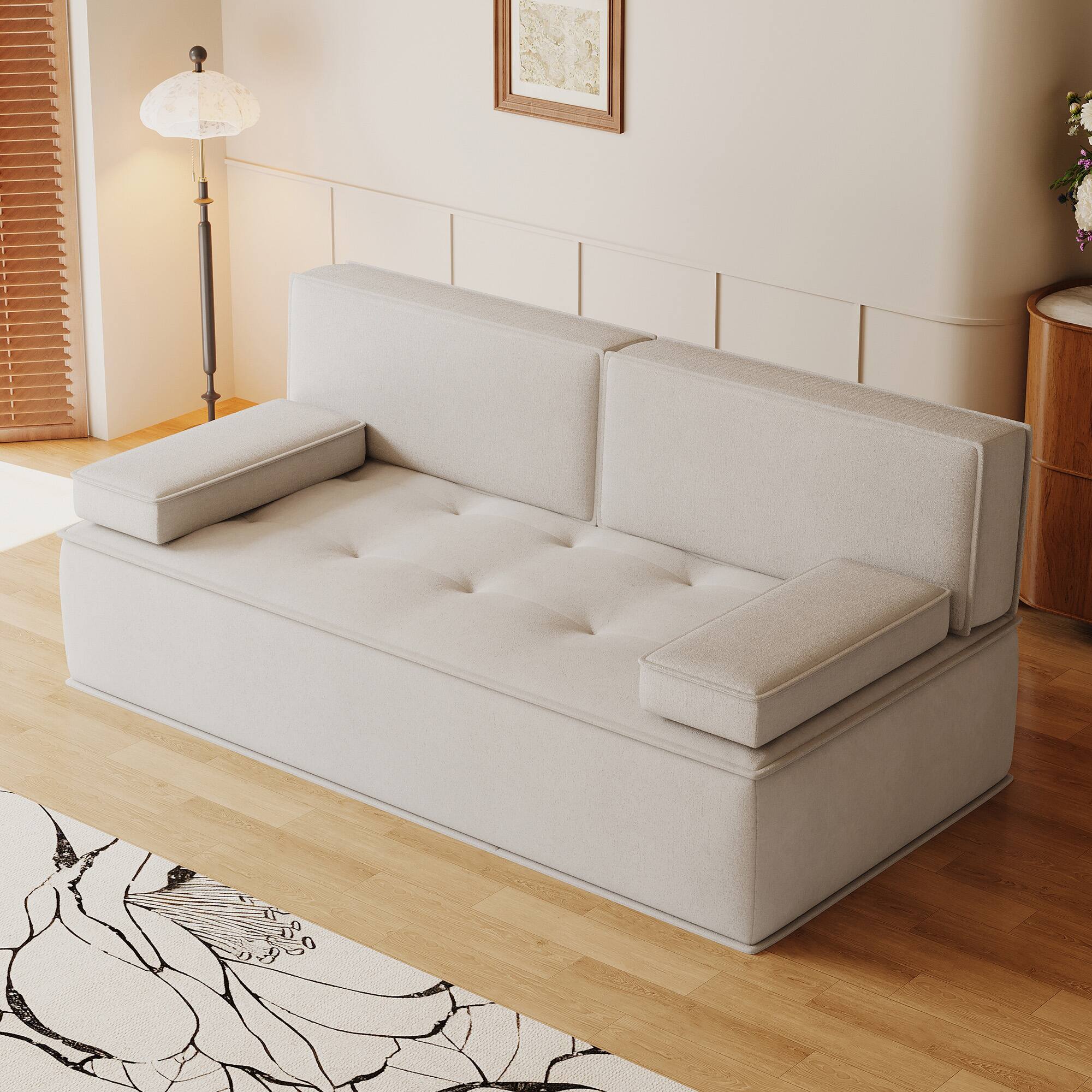 Back. luck idea - 79" Multi-Functional Fabric Sleeper Sofa, Convertible Couch Bed with Supportive Foam Cushion for Apartment & Studio - White.