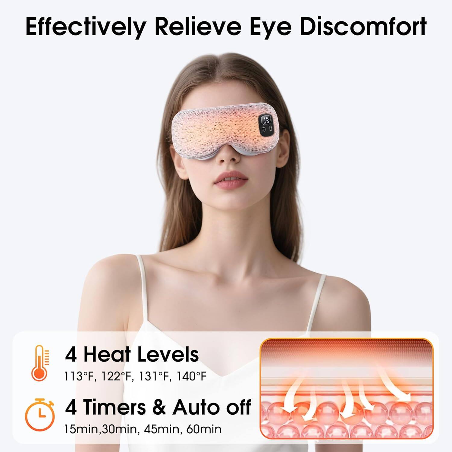 Effectively Relieve Eye Discomfort

4 Heat Levels
113°F, 122°F, 131°F, 140°F

4 Timers & Auto off
15min, 30min, 45min, 60min