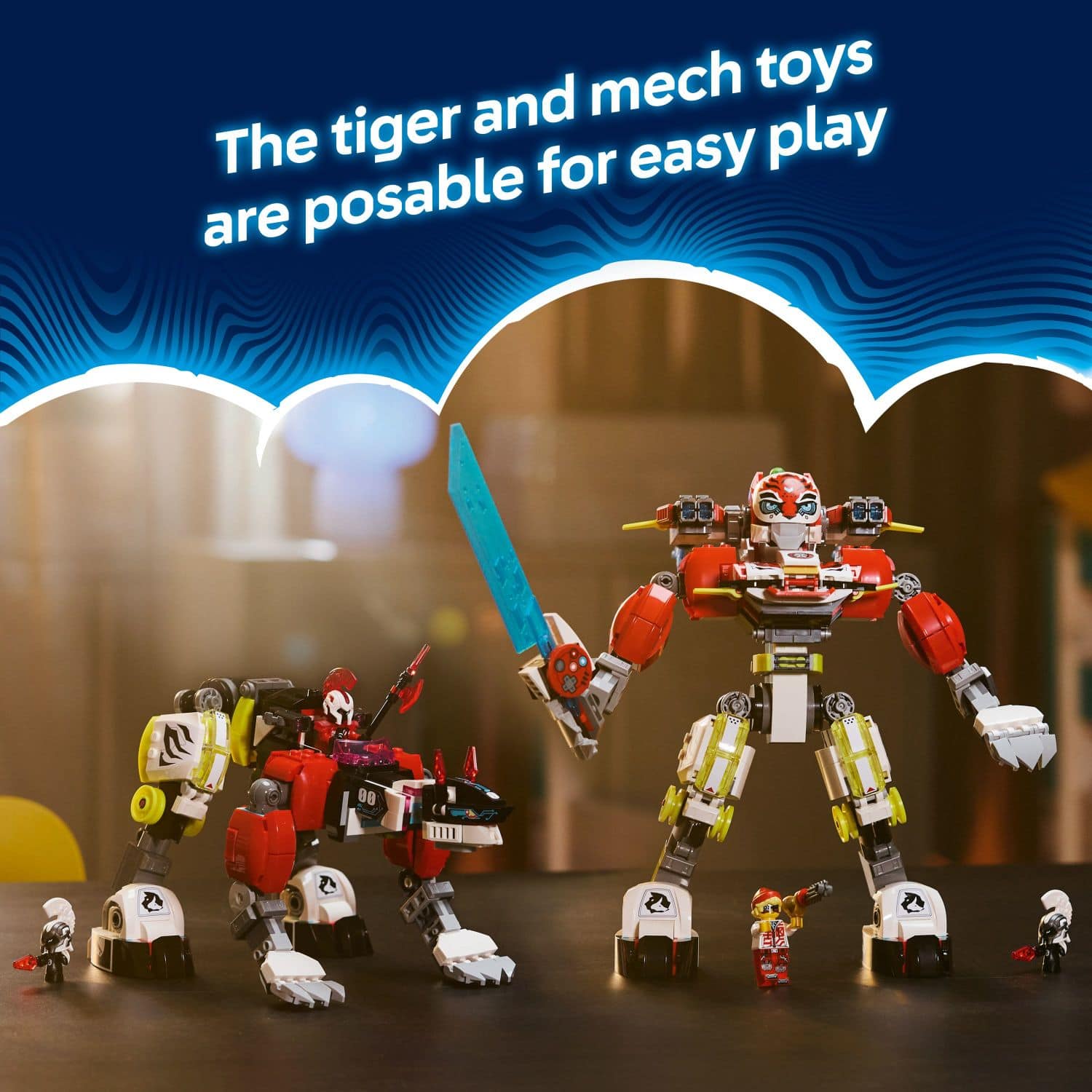 The text on the image reads: "Mech toys tiger and play The are posable for easy."