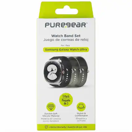 PUREgear Watch Band Set
Juego de correas de reloj
For | Para Samsung Galaxy Watch Ultra
3 Pack | Paquete de 3
Durable Soft Silicone Material | Material de silicona suave duradero
Stylish & Comfortable | Elegante y cómodo
Lifetime Warranty | Garantía de por vida
