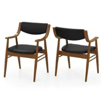 Costway PU Leather Dining Chair Set of 2 with Padded Seat & Back Armrests Rubber Wood Frame - Black - Front_Zoom