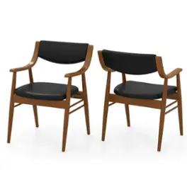 Costway - PU Leather Dining Chair Set of 2 with Padded Seat & Back Armrests Rubber Wood Frame - Black