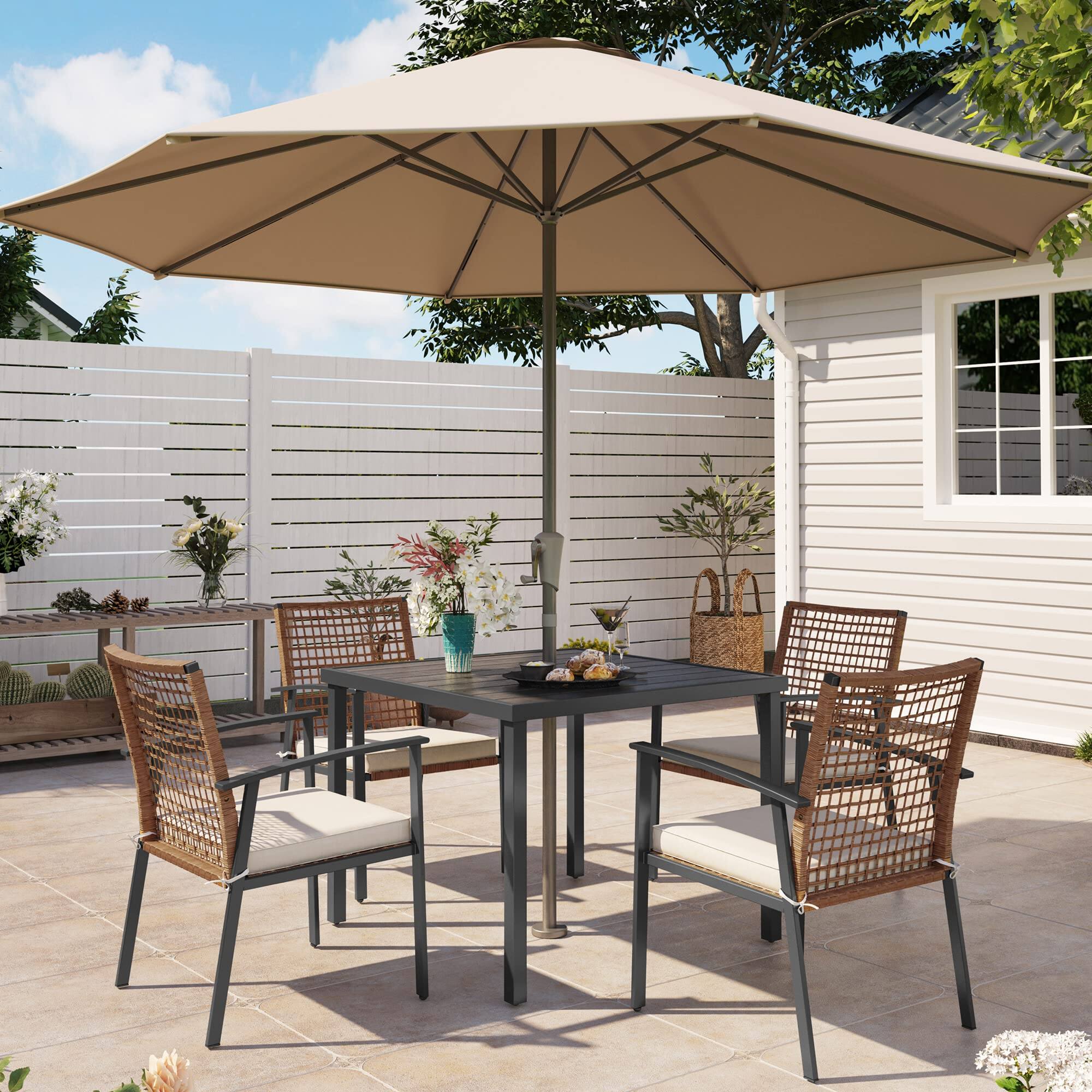Left. Yardgrace - 5-Piece Wicker Outdoor Patio Dining Set 4 Cushioned Chairs  Square Table with Umbrella Hole for Backyard Garden Poolside - Brown.