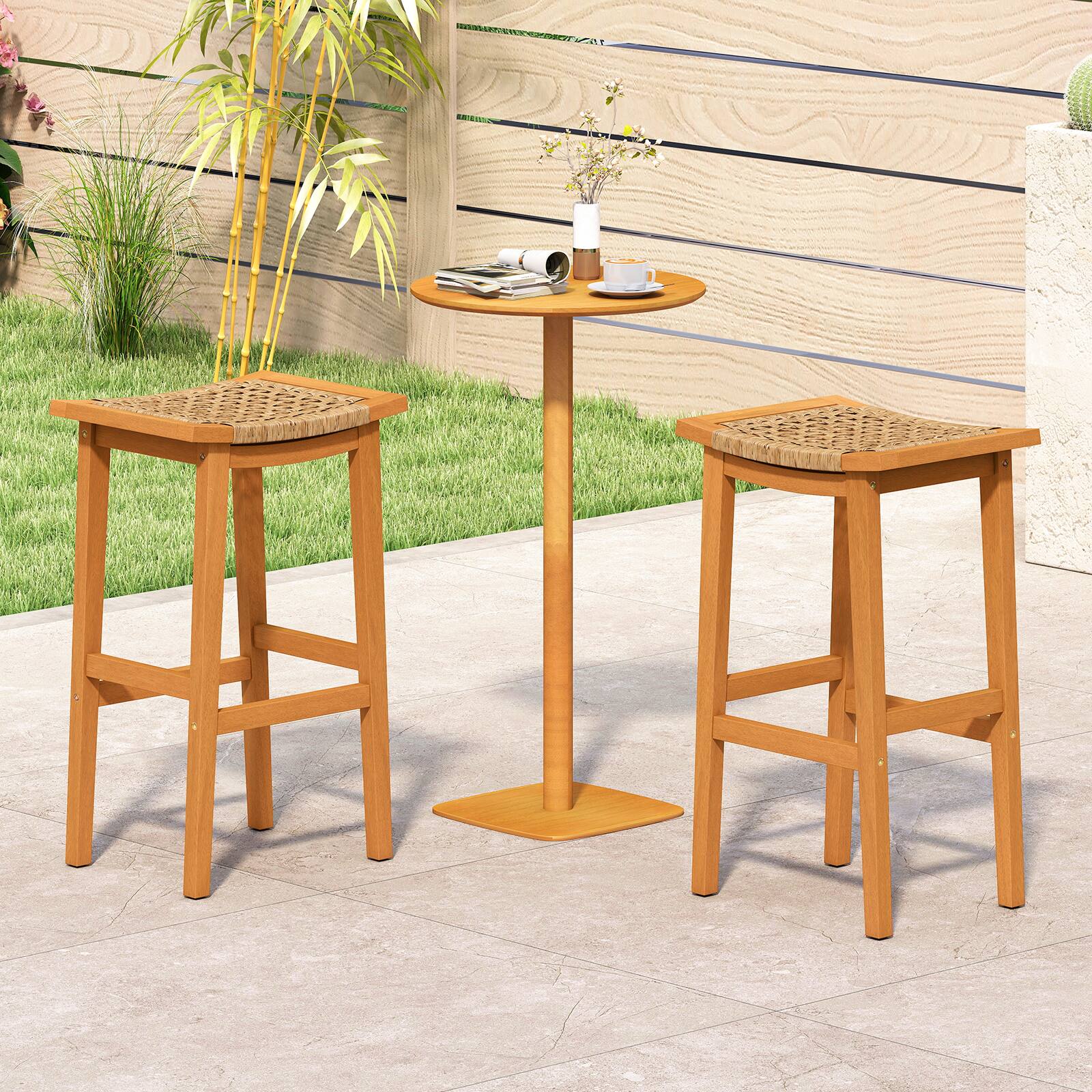 Alt View 4. Gymax - Gymax Outdoor Acacia Wood Bar Stools Set of 4 w/ PE Rattan Seats & Backrests - Yellow.