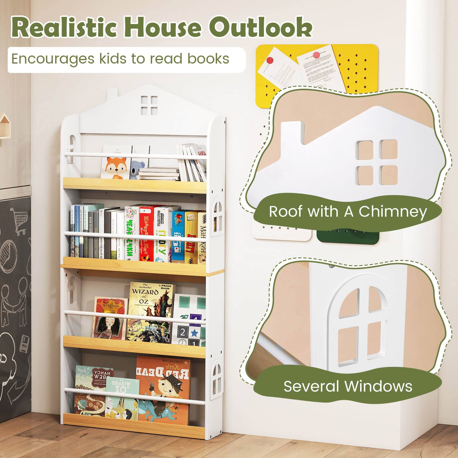 Realistic House Outlook  
Encourages kids to read books  

Roof with A Chimney  
Several Windows