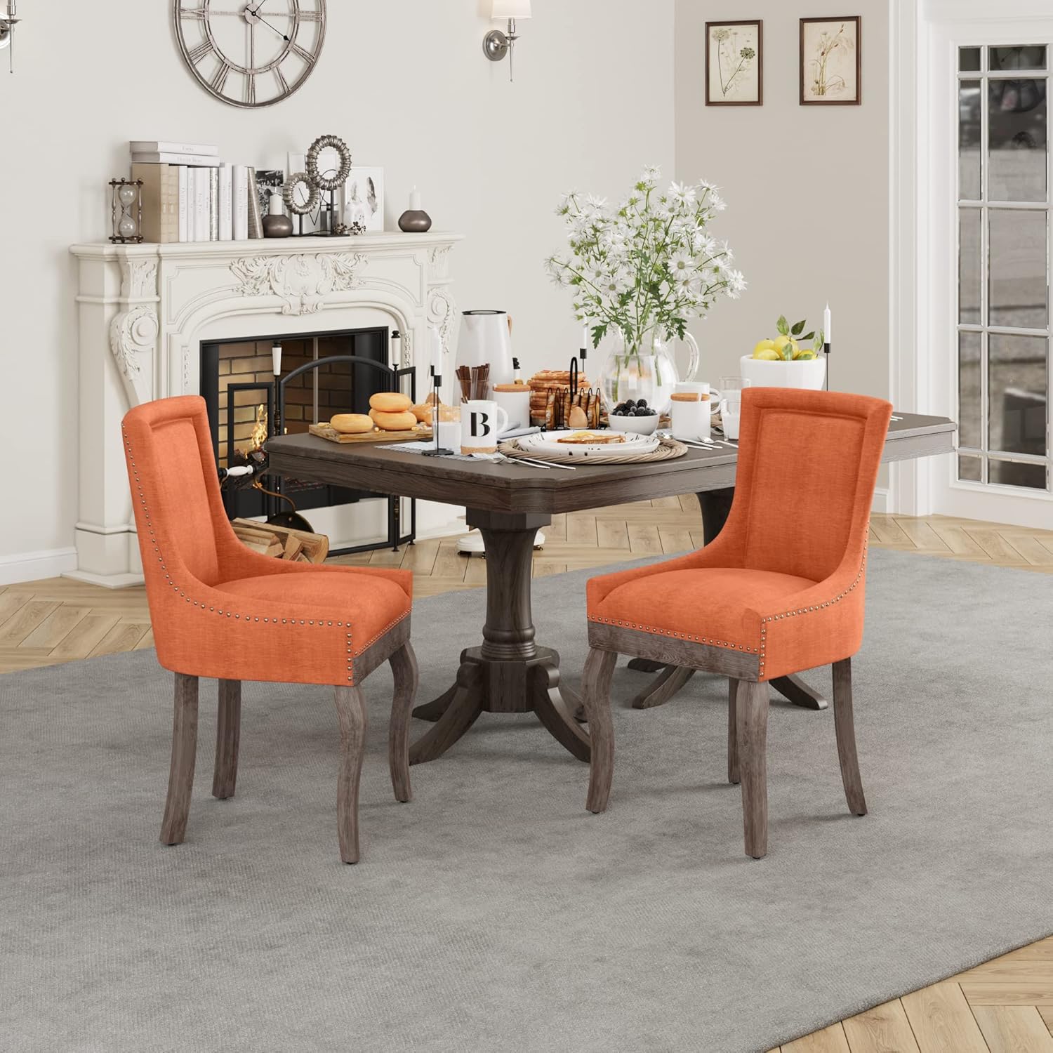 Alt View 2. Trinkets Crazed -  Upholstered Side Chairs Set of 2, Solid Wood Kitchen Dining Room Chairs with Nailheads Legs - orange.