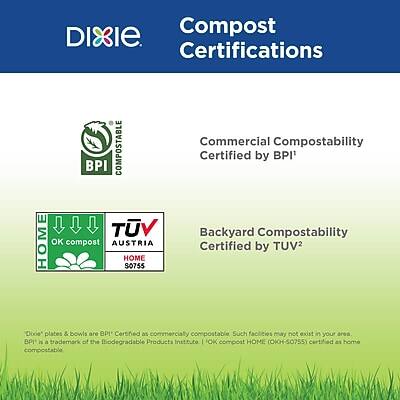 DIXIE  
Compost Certifications  

Commercial Compostability  
Certified by BPI¹  

Backyard Compostability  
Certified by TÜV AUSTRIA²  

Dixie plates & bowls are BPI Certified as commercially compostable. Such facilities may not exist in your area. BPI is a trademark of the Biodegradable Products Institute. OK compost HOME (OKH-50755) certified as home compostable.  

¹BPI is a trademark of the Biodegradable Products Institute  
²TÜV AUSTRIA HOME S0755