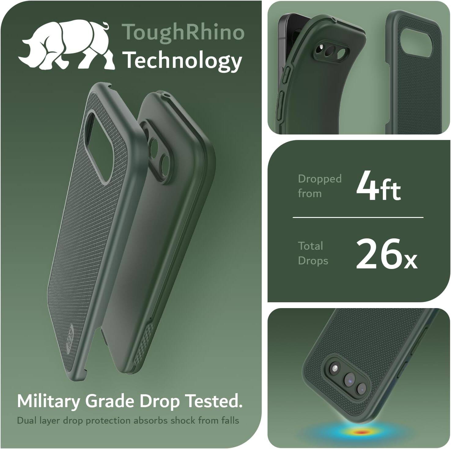 ToughRhino Technology

Dropped from 4ft  
Total Drops 26x

Military Grade Drop Tested.  
Dual layer drop protection absorbs shock from falls