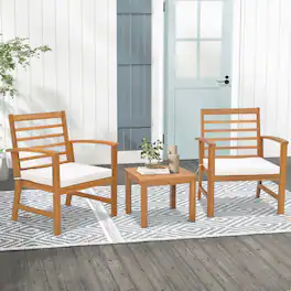 Costway - 3 PCS Outdoor Furniture Set Acacia Wood Conversation Set with Soft Seat Cushions - White
