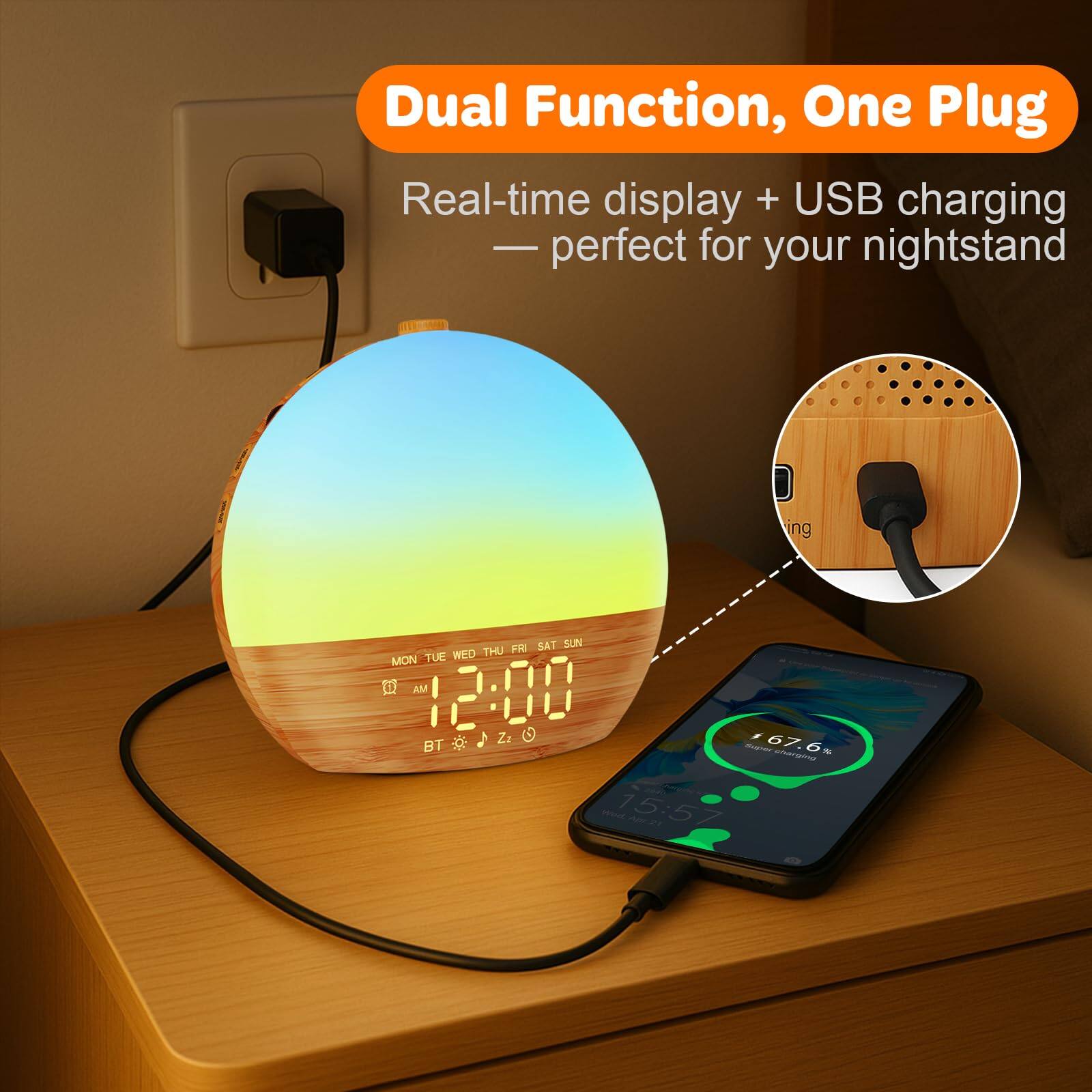 Dual Function, One Plug  
Real-time display + USB charging - perfect for your nightstand  

MON TUE WED THU FRI SAT SUN  
12:00 AM  

BT  

67.6%