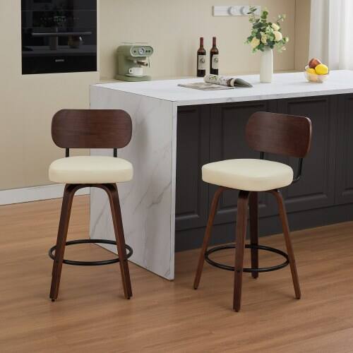 Angle. LUCKY ONE - 26" Assembled Swivel Bar Stool Set of 2 Faux Leather Counter Height with Walnut Bentwood Back - Beige.