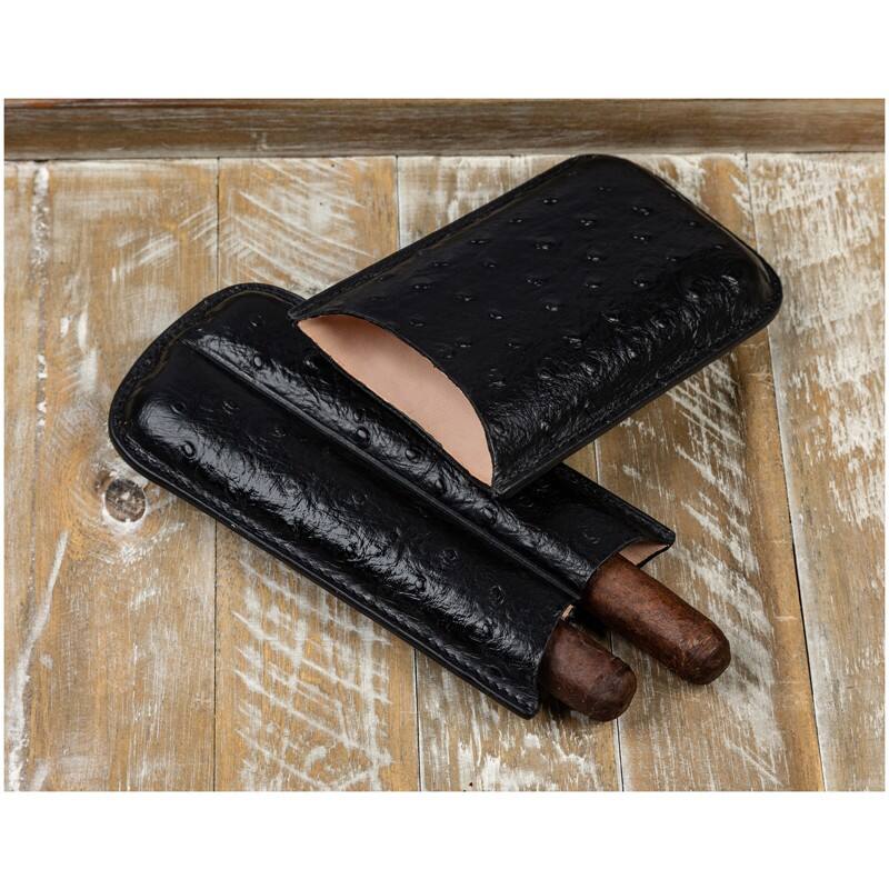 Alt View 1. Prestige - Ostrich 2 Cigar Case (Black) - Black Leather Finish.