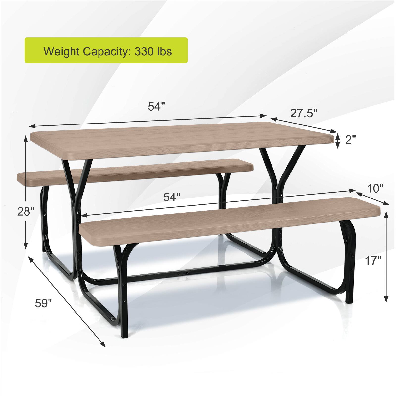 Weight Capacity: 330 lbs  
54" x 27.5" x 2"  
28" x 54" x 10"  
17" x 59"