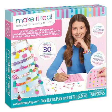 The text on the image is in Spanish, but it can be grouped and corrected as follows:
"Make It Real" Kit para hacer joyas fácil de hacer y sin horno! Contenido: 30 moldes de argila para hacer joyas. Facil de hacer y sin horno! KIT PARA MAKE OVER CREATIVIDAD! 30 CLAY CHARMS! MOLDEN ARGILE! CLAY CHARMS ARCILLA! L'ARGILE FAONNE EN CHARMANTES COLORES! Bringing Creativity to Life! (2.54 GLAF /ARGALE/AROLLA CONTENIDO 279 1 CONTENIDO & RVURC PCS/PZS 3 MOX CORTYNL A 200 i net total 72 g Total Net Wt./Poids makeitrealplay.com