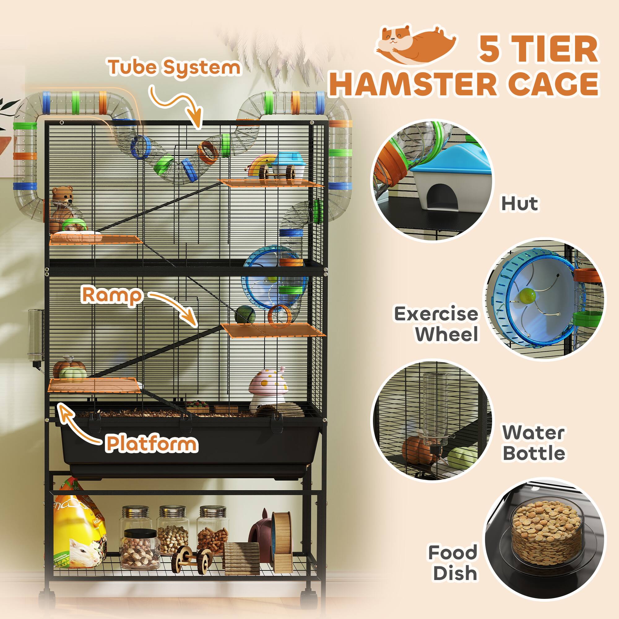 5 TIER HAMSTER CAGE

- Tube System
- Ramp
- Platform
- Hut
- Exercise Wheel
- Water Bottle
- Food Dish