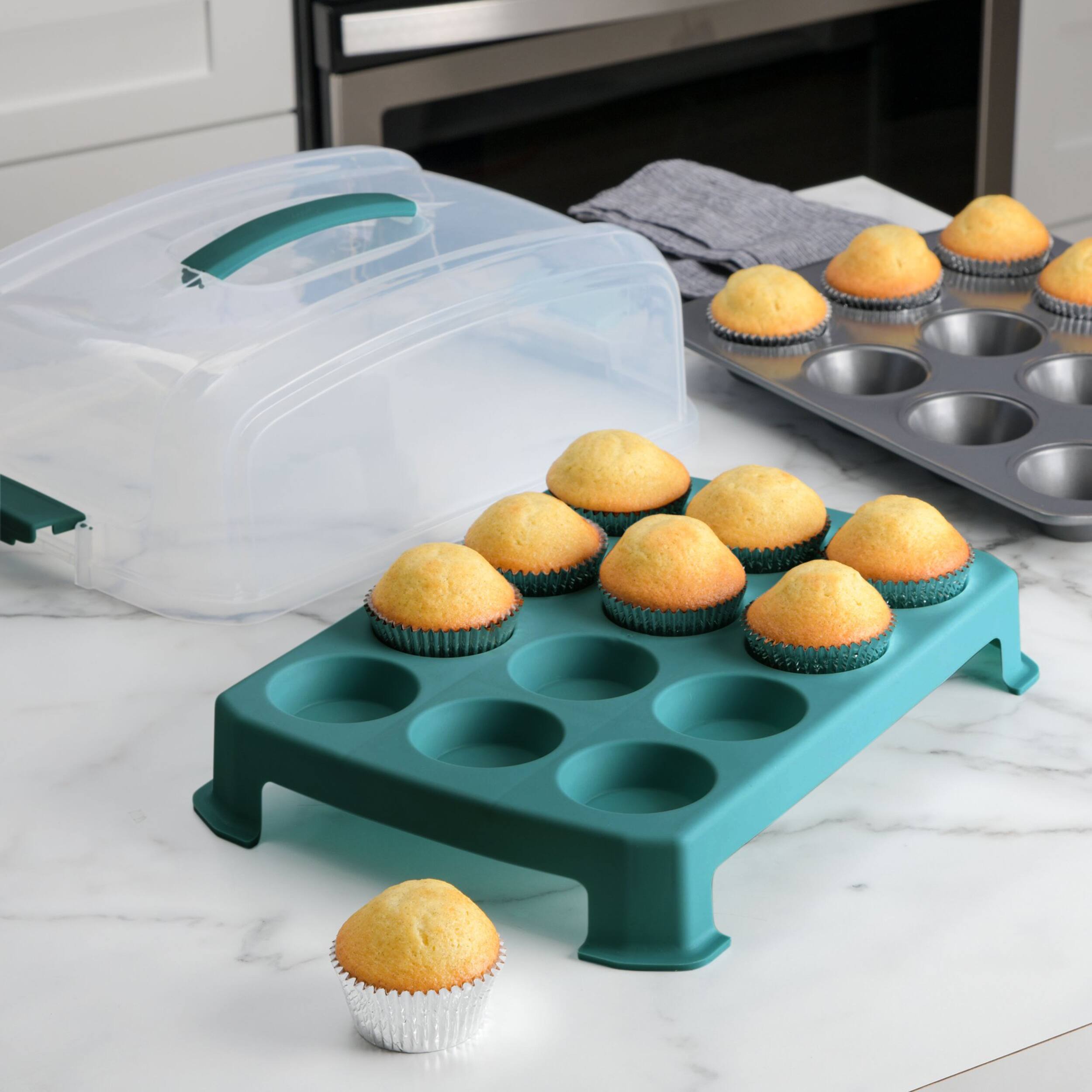 Alt View 4. Gibson - Spice By Tia Mowry 24 Cup Carbon Steel Muffin Pan With Carrier in Teal - Teal.
