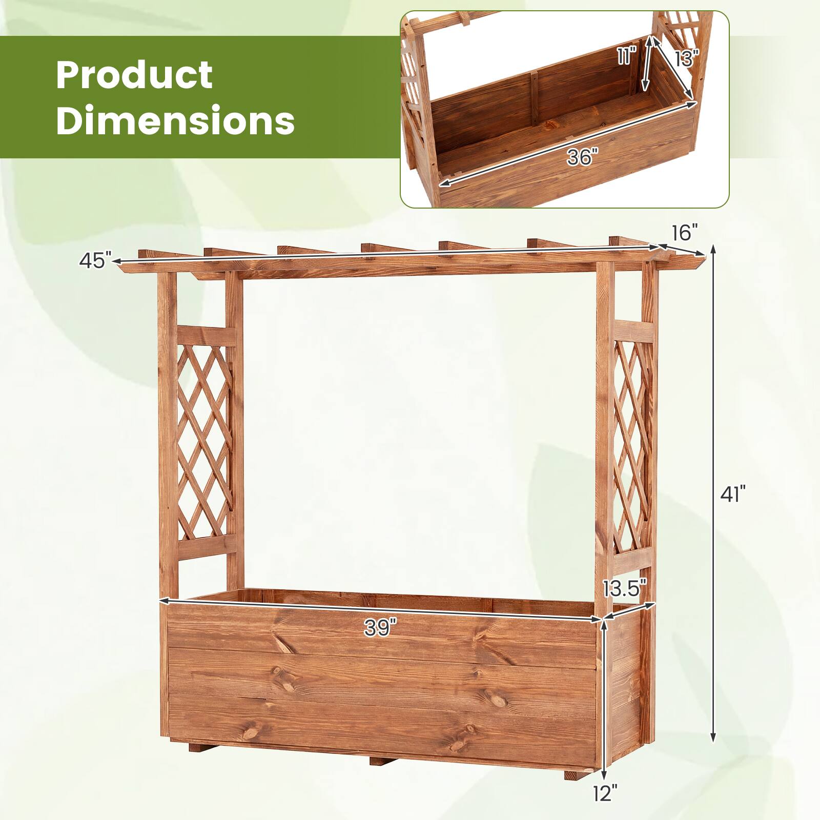 Product Dimensions  
36" x 11" x 13" x 45" x 16" x 41" x 39" x 13.5" x 12"