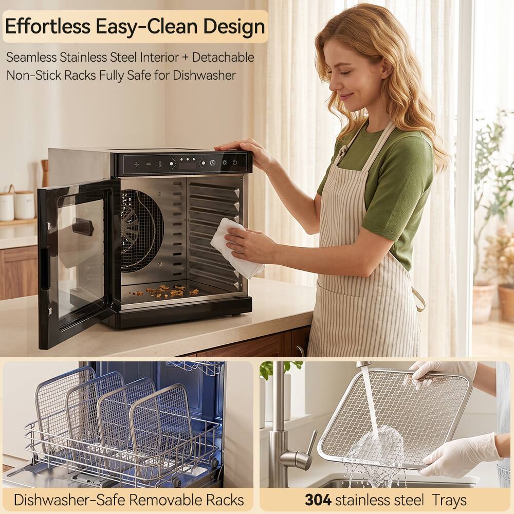Effortless Easy-Clean Design  
Seamless Stainless Steel Interior + Detachable Non-Stick Racks Fully Safe for Dishwasher  

Dishwasher-Safe Removable Racks  

304 stainless steel Trays