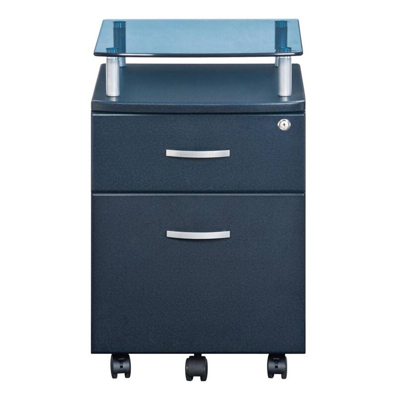 Angle. HTUTWOO - Rolling File Cabinet with Glass Top - Locking MDF Filing Cabinet with 2 Drawers, Chrome Non-Marking Wheels - Dark Grey.