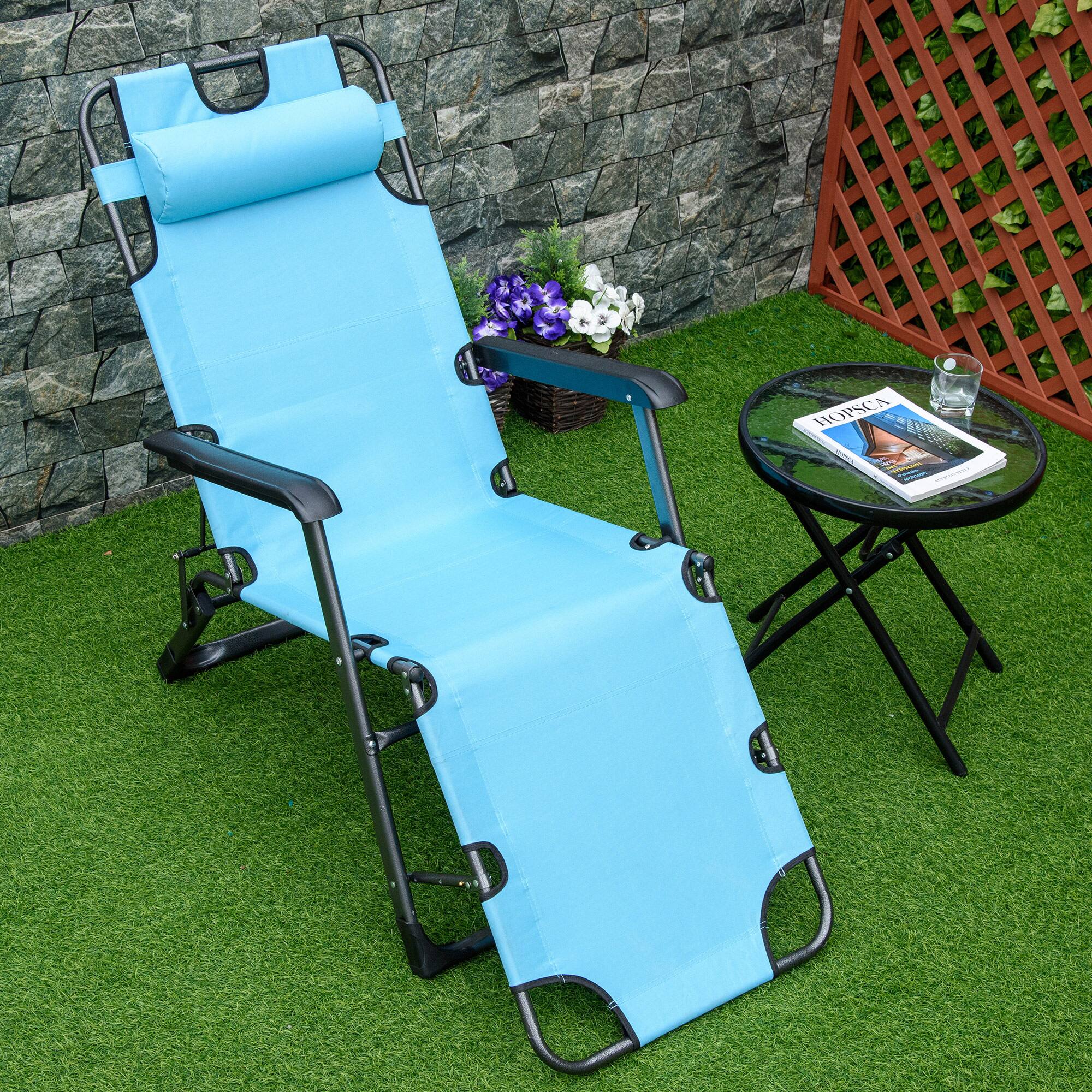 Alt View 1. Outsunny - Folding Chaise Lounge Chair for Outside, 2-in-1 Tanning Chair with Pillow & Pocket, Adjustable Pool Chair for Beach - Blue.