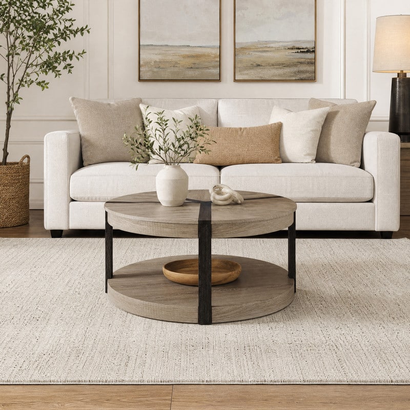WELLFOR - 34.5" Modern Round Center Table with Storage Shelf, 2-Tier Wood Center Table for Living Room - Gray