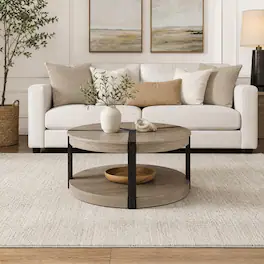 WELLFOR - 34.5" Modern Round Center Table with Storage Shelf, 2-Tier Wood Center Table for Living Room - Gray