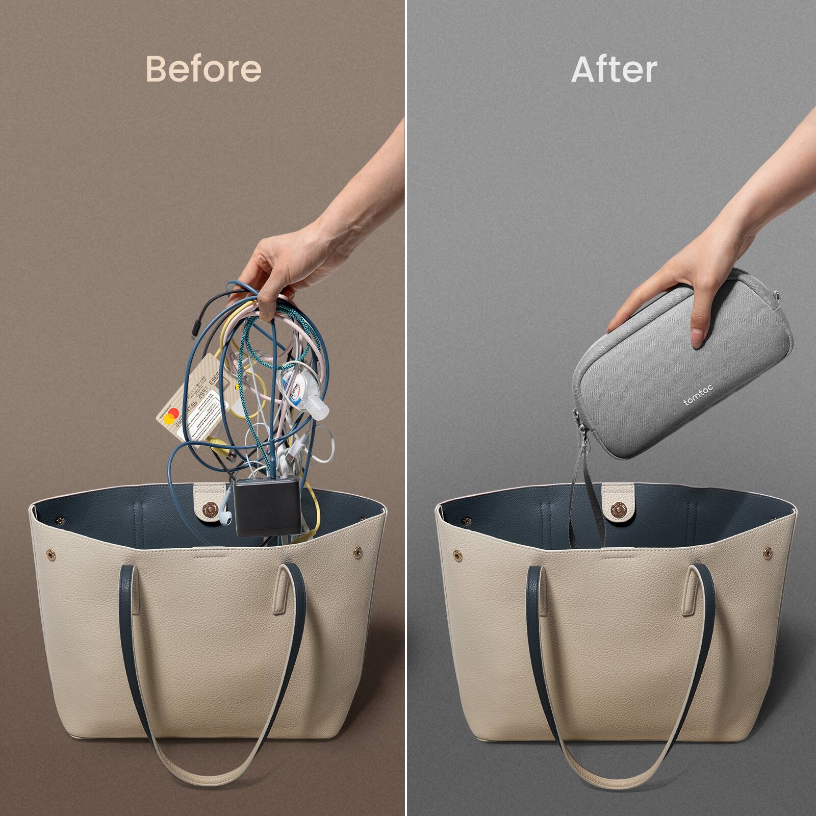 Before: A hand holding a bag with a bunch of wires coming out of it. After: A hand holding a bag with a charger coming out of it.