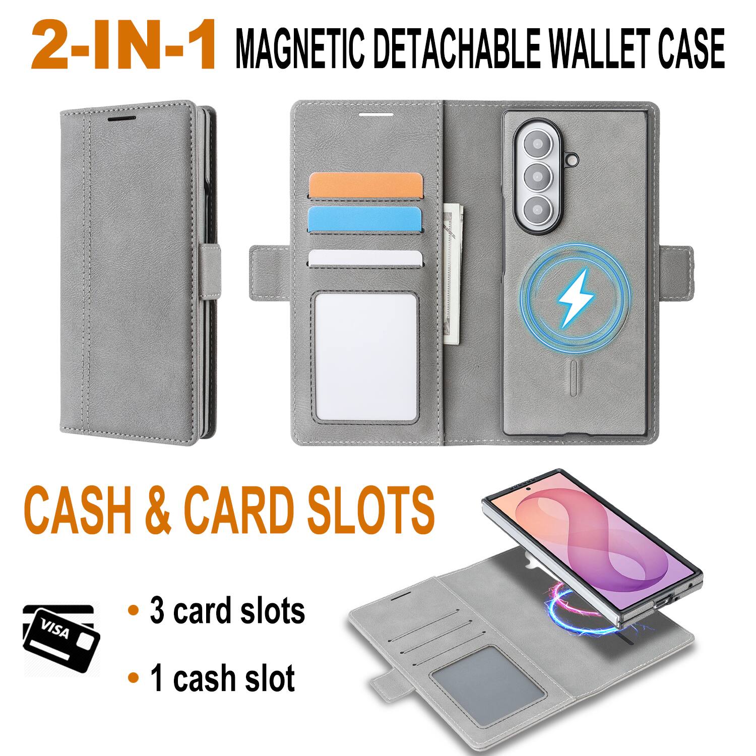 2-IN-1 MAGNETIC DETACHABLE WALLET CASE

CASH & CARD SLOTS

- 3 card slots
- 1 cash slot