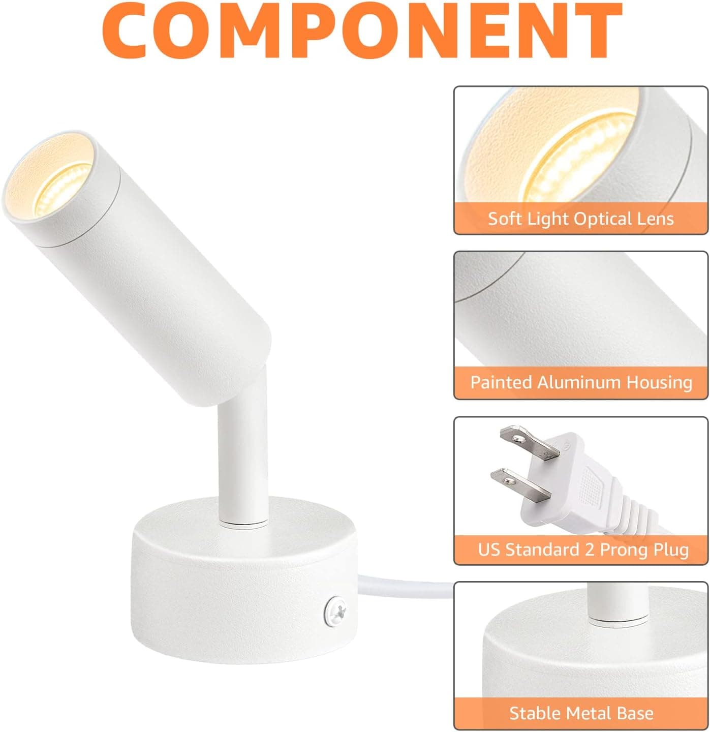 COMPONENT

- Soft Light Optical Lens
- Painted Aluminum Housing
- US Standard 2 Prong Plug
- Stable Metal Base