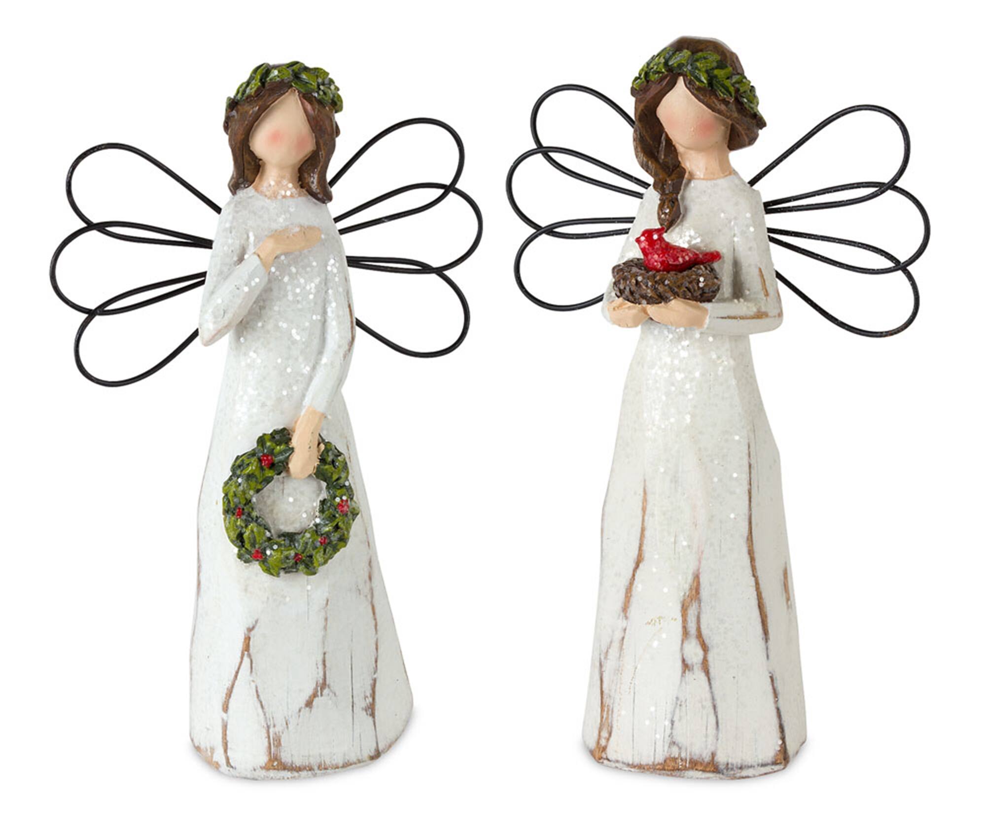 Angle. BreeBe - Frosted Winter Angel with Bird and Wreath Accent (Set of 6) - White, Brown, Green.