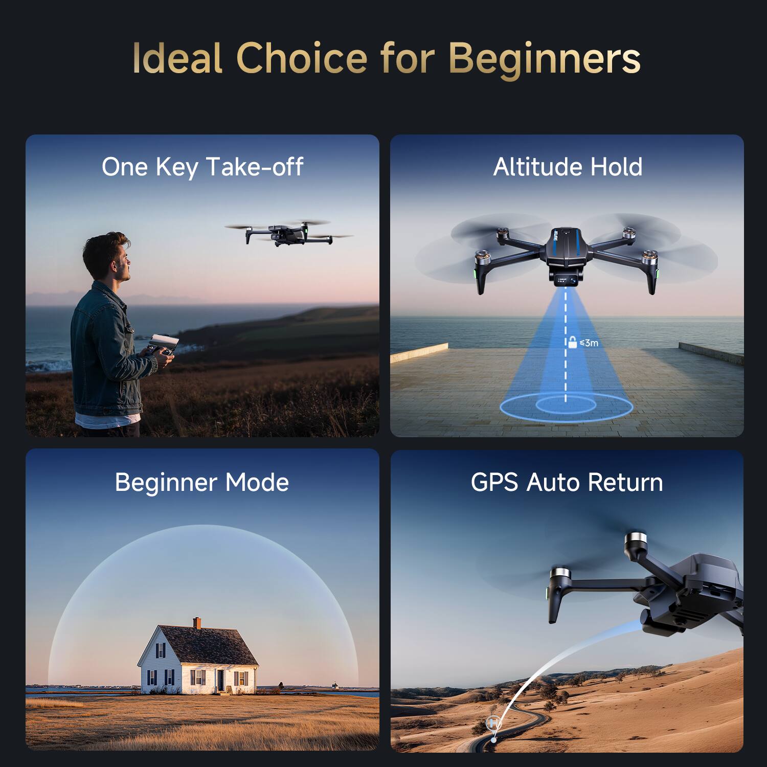 Ideal Choice for Beginners

- One Key Take-off
- Altitude Hold <5m
- Beginner Mode
- GPS Auto Return