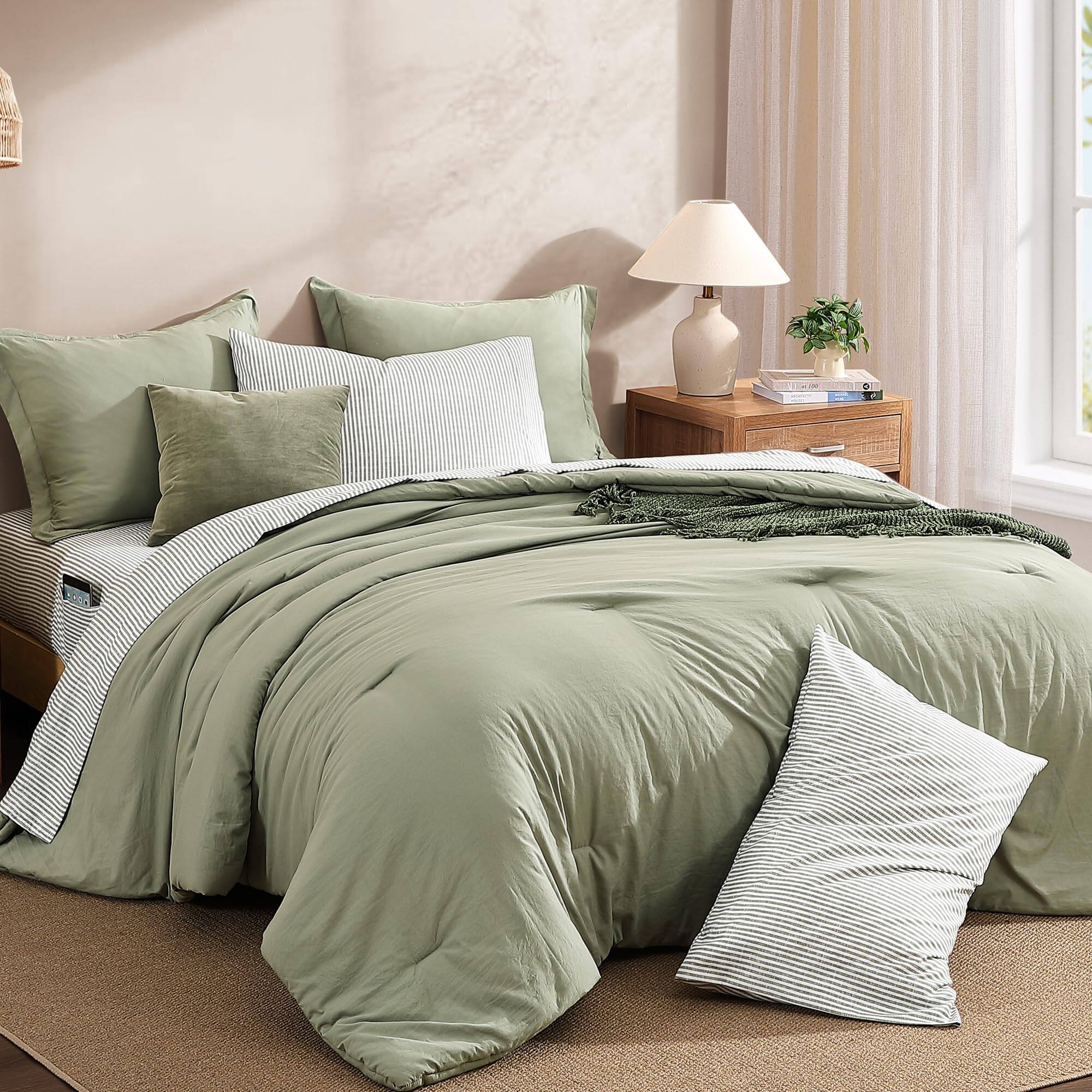 Alt View 3. Dapper Styles - Queen Comforter Set - Olive Prewashed Bed In A Bag Bedding Sets With Comforters All Seasons Ultra Soft Shee... - Autumn Leaf-7Piece-Queen(90”X90'').