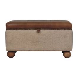 Artisan Furniture - Solid Wood Boucle Lid- up Storage Ottoman, Upholstered, Boucle Fabric, Leather, Cream & Brown - Brown & Cream