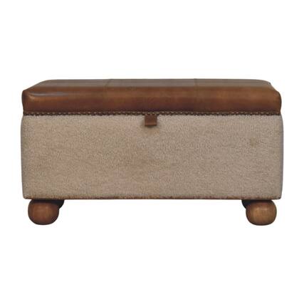 Front. Artisan Furniture - Artisan Furniture Solid Wood Boucle Lid- up Storage Ottoman, Upholstered, Boucle Fabric, Leather, Cream & Brown - Brown & Cream.