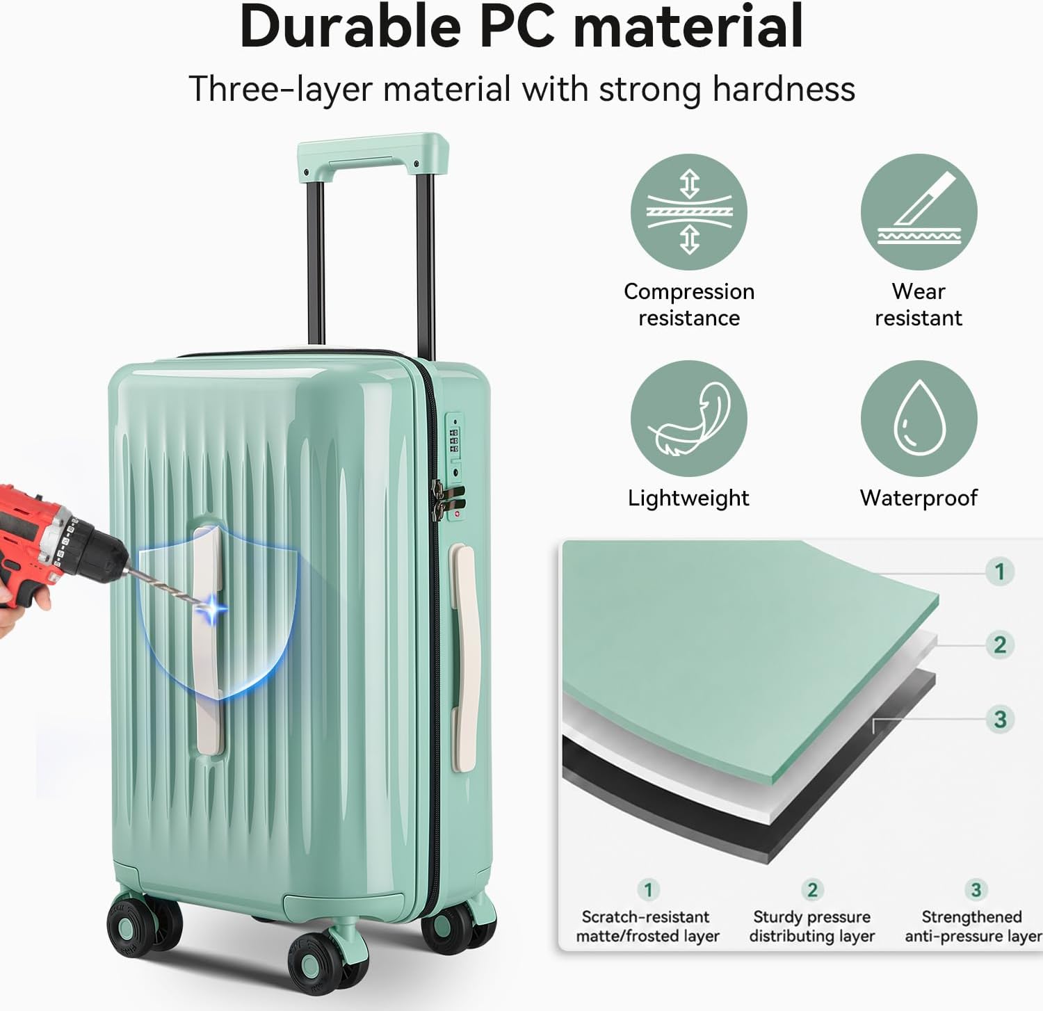 Durable PC material  
Three-layer material with strong hardness  
Compression resistance  
Wear resistant  
Lightweight  
Waterproof  
Scratch-resistant  
Sturdy pressure  
Strengthened matte/frosted layer  
Distributing layer  
Anti-pressure layer