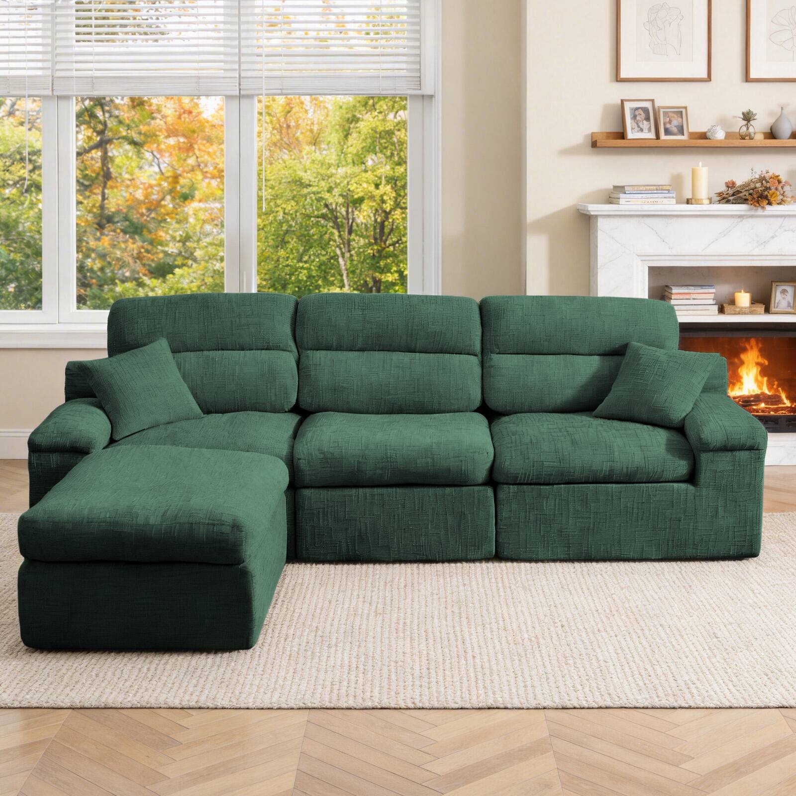 Angle. Anysun - L-Shape Chenille Corner Chaise Sofa with High Backrest - Compressed Sponge, No Assembly for Living Room & Apartment - Green.