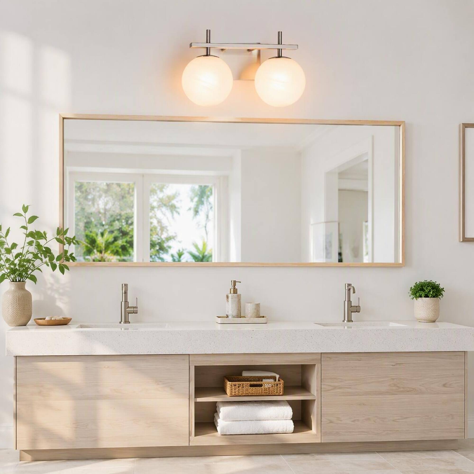 Left. RYHNUYNE - 2-Light Modern Bathroom Vanity Light, Nickel Finish Wall Sconce with White Marble-Look Globe Shades.