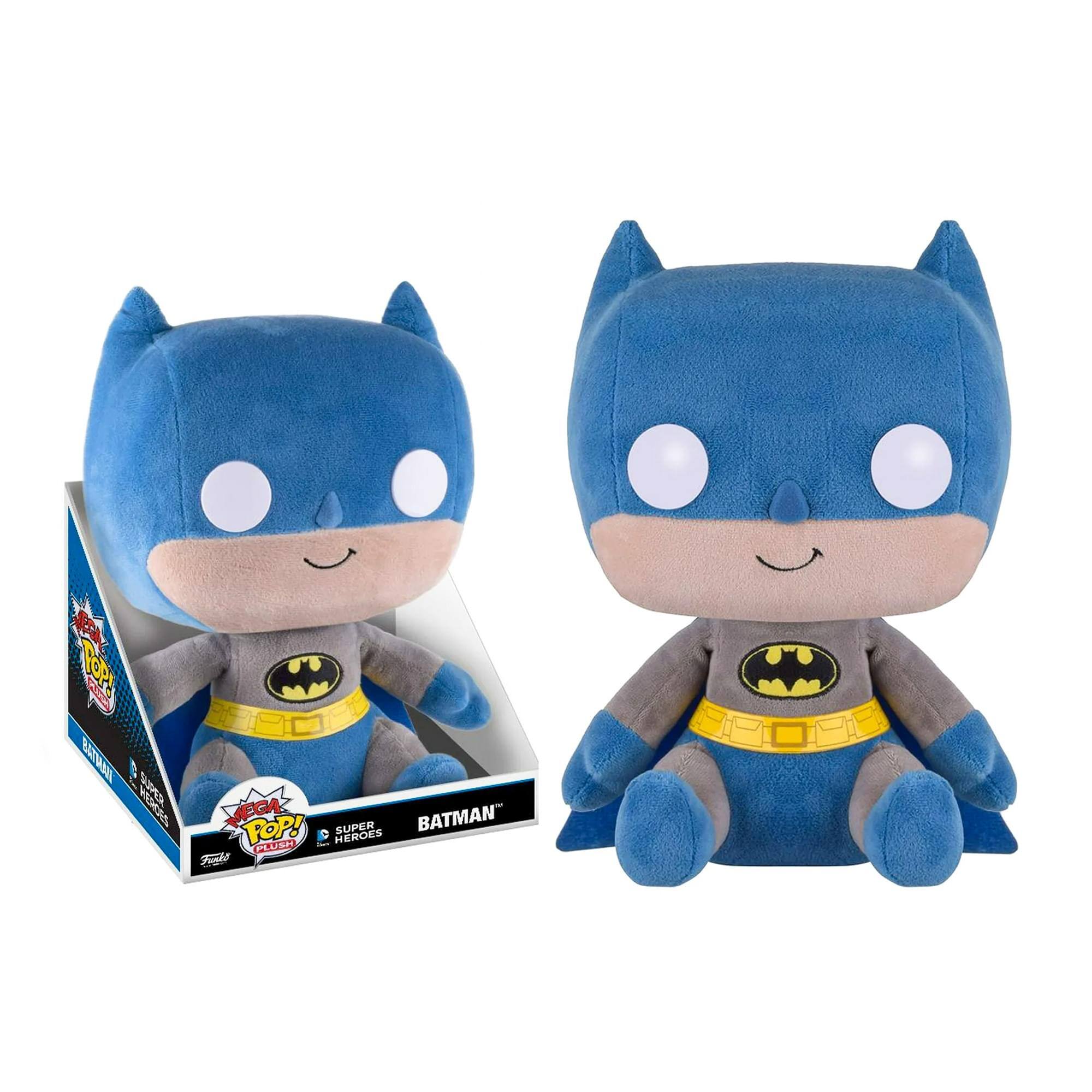 Sure, here is the corrected and grouped text from the image:

**Front of the Box:**
- "MEGA POP! SUPER HEROES"
- "BATMAN™"
- "Funko"

**Left Side of the Box:**
- "MEGA POP! SUPER HEROES"
- "Funko"

**Bottom of the Box:**
- "Funko"