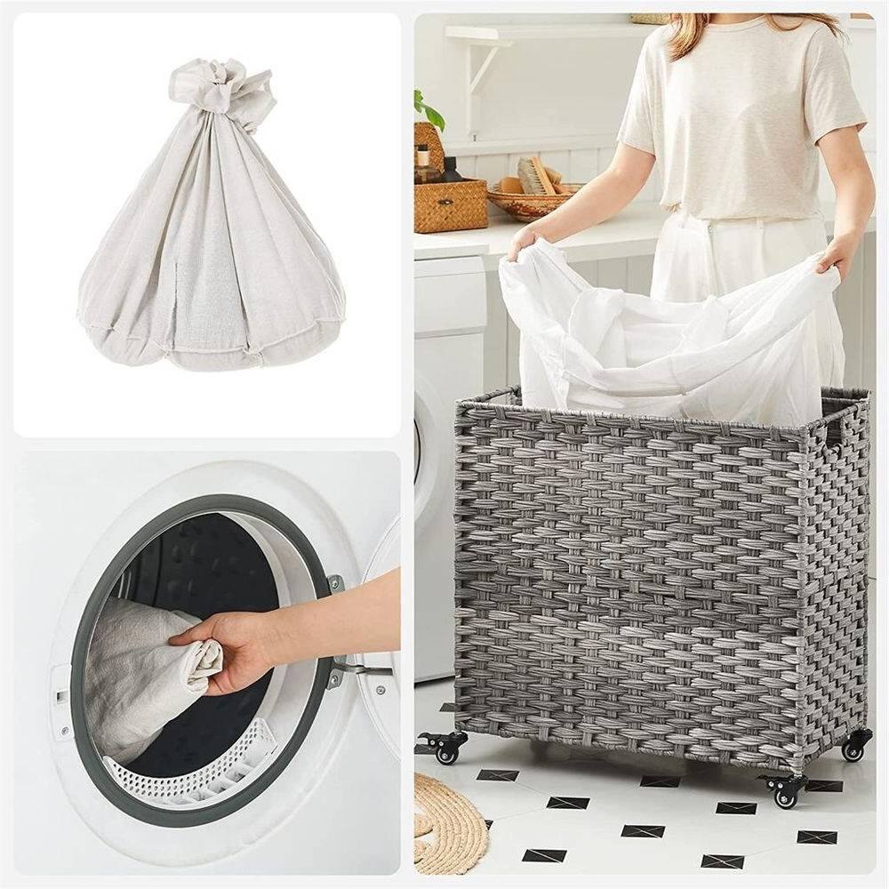 Left. Hivvago - Handwoven Grey PP Rattan 3-Bag Laundry Basket Cart with Cotton Liner on Wheels - Gray.