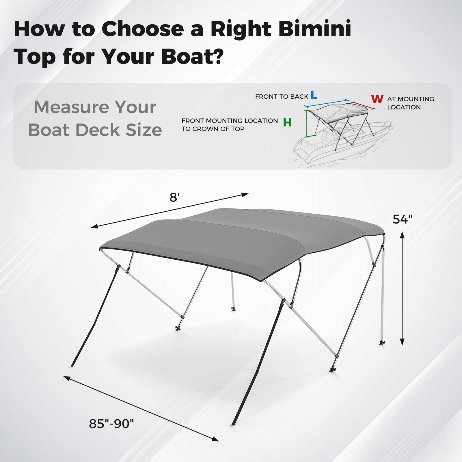 How to Choose a Right Bimini Top for Your Boat?

Measure Your Boat Deck Size

- FRONT TO BACK L
- FRONT MOUNTING LOCATION H TO CROWN OF TOP
- W AT MOUNTING LOCATION

8'  
54"  
85"-90"