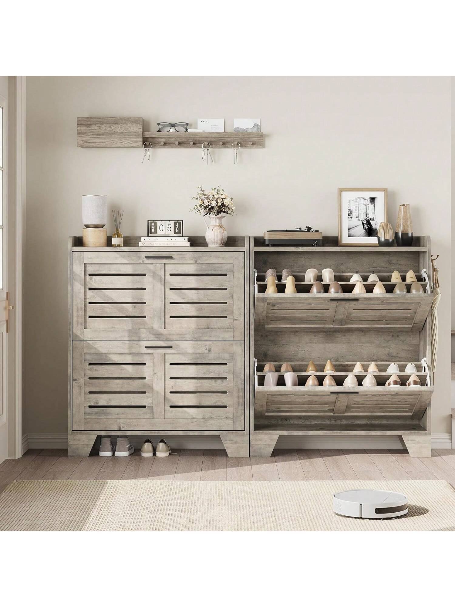 Back. GARVEE - Shoe Cabinet Storage For Entryway Narrow Shoe Cabinet With 2 Flip Drawers Freestanding Hidden Slim Shoe Organizer - Gray.