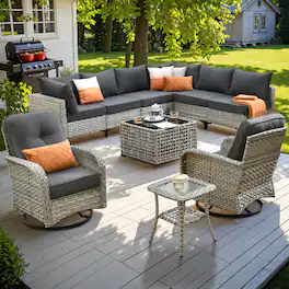 Ovios - 10 PCS Outdoor Patio Furniture Sectional Conversation Set with Swivel Chairs & Coffee Table - Black