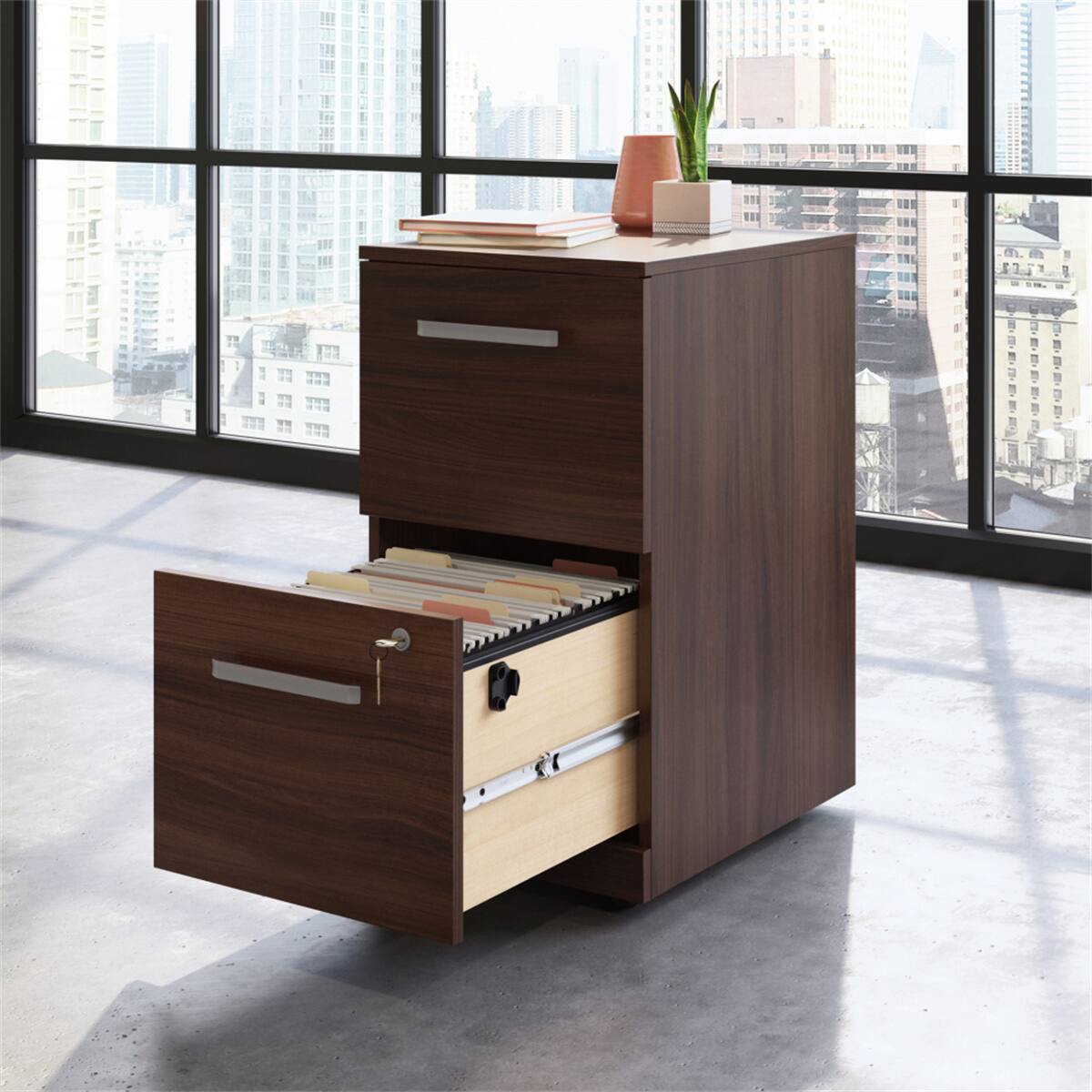 Angle. HTUTWOO - Mobile File Cabinet - 2-Drawer Locking Storage Cabinet with Full-Extension Slides, Engineered Wood Construction.
