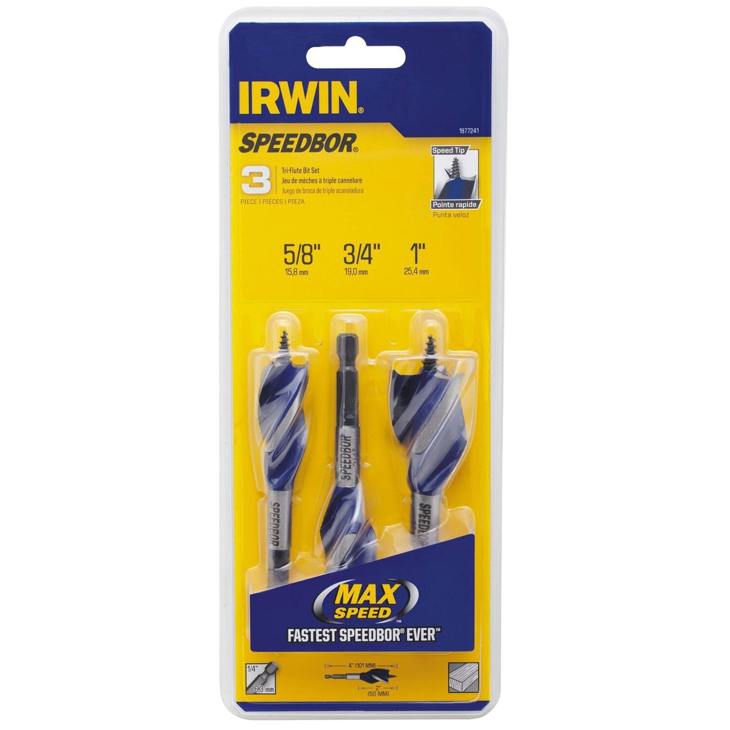 IRWIN SPEEDBOR Tri-Flute Bit Set  
3 leu Auge de * meches boca b a hriple triple acanaladura cannelure  
PEC PIECES - PIEZA  
224 Speed Tip Pointe rapide Punta velua  
5/8" 15.8 - 3/4" 19.0 - 1" 25.4  
4 - SPEENRAD SPEEUBUR TO SPEEDED MAX SPEED FASTEST SPEEDBOR" EVER  
14 4 H v T de nI